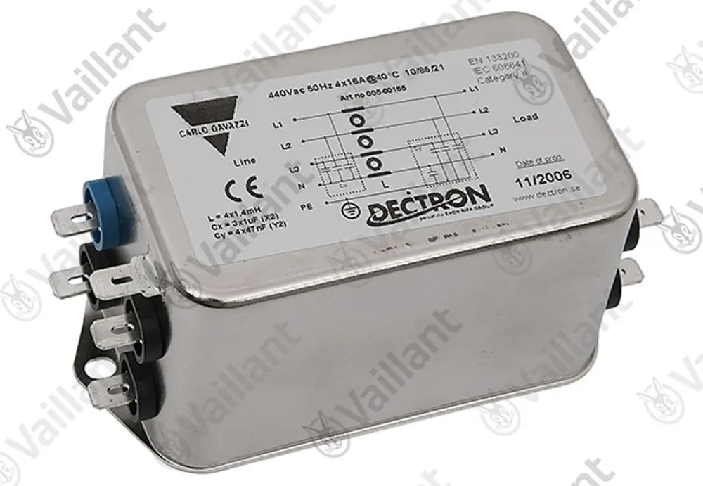 Vaillant EMV-Filter in silberner Metall-Ausführung mit mehreren Anschlussklemmen. Auf der Oberseite befinden sich technische Informationen und ein Schaltbild.
